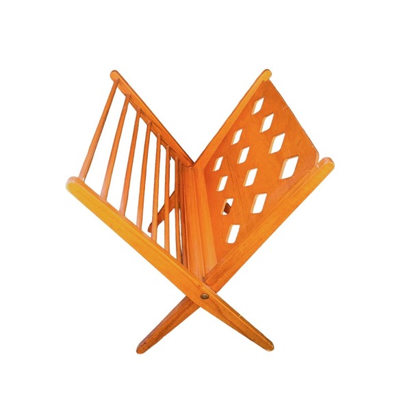 Mid-Century Modern Danish Style Spindle Folding Magazine Rack Wood MCM Blonde